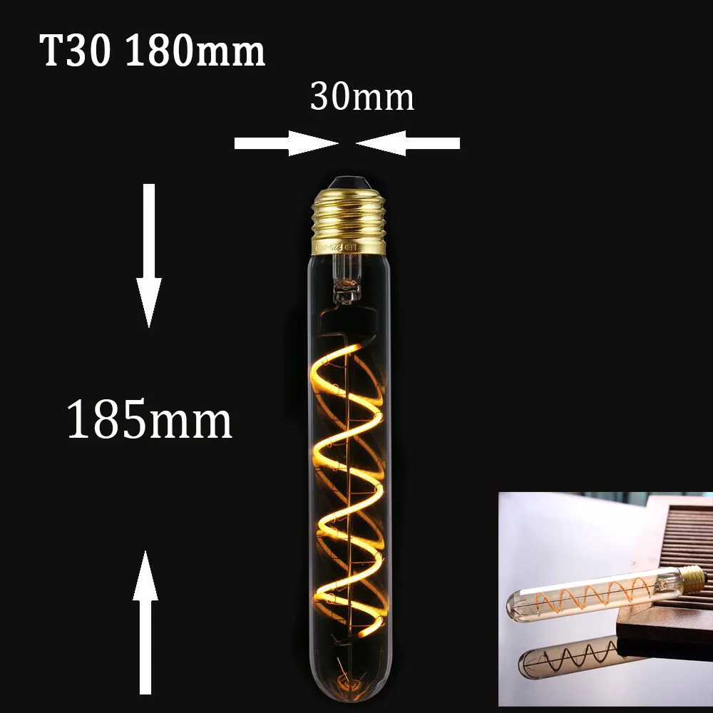 Светодиодный светильник с регулируемой яркостью в стиле ретро, лампа Эдисона E27 220 В 3 Вт, Золотая спиральная нить ST64 A19, светодиодный светильник, винтажный декоративный светодиодный светильник накаливания - Испускаемый цвет: T30 185mm 2200K