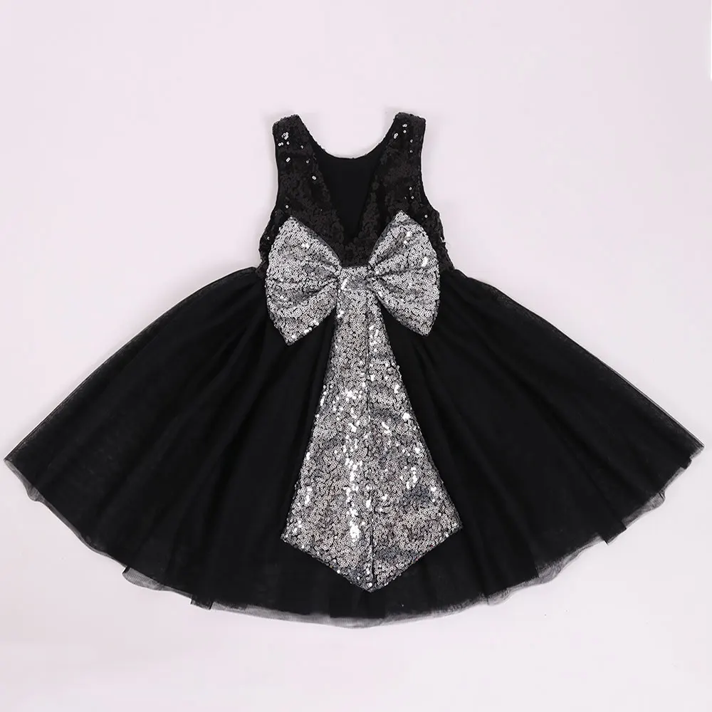 Black Silver 01 Платье-пачка с блестками для девочек платье принцессы с бантом детское платье с v-образным вырезом и цветочным рисунком розовое платье для малышей праздничное платье без рукавов для девочек - Цвет: Black Silver 01