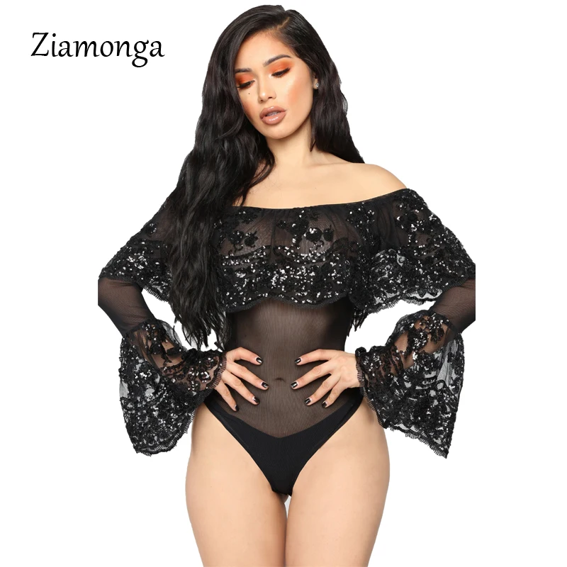 

Ziamonga Women Sexy Bodysuit Female Rompers Sequined Ruffles Bodycon Casual Party Jumpsuit Black One Piece Bodysuit For Women