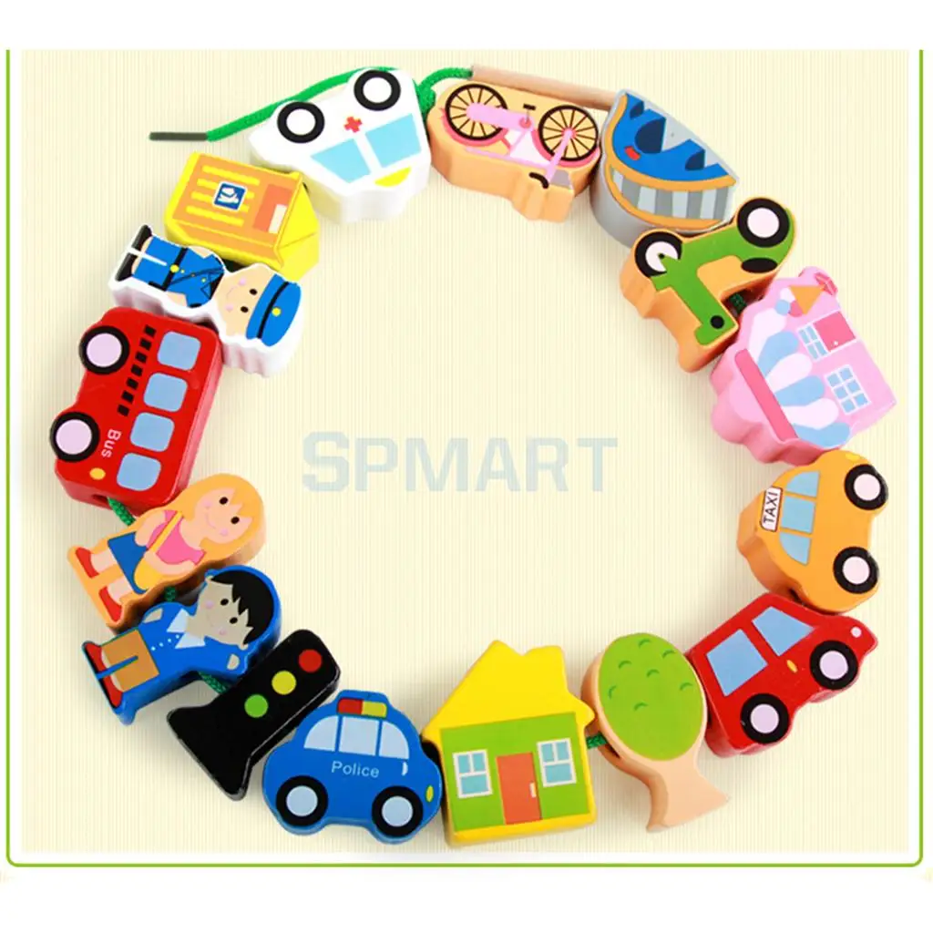 Wooden Cartoon Threading Beads Lacing Game Kids Preschool Edutional Toys - People/City/Farm
