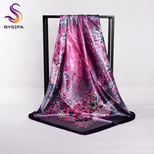 [BYSIFA] Весна Осень дамы шелковый шарф шаль Новое поступление Глубокий фиолетовый Тюльпан квадратные шарфы обертывания 90*90 см женский платок на голову накидка