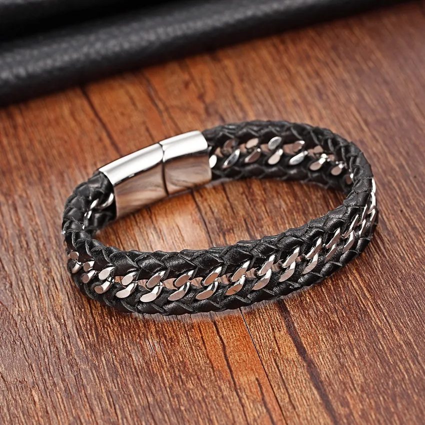 

XQNI Stainless Steel Genuine Leather Bracelets for women Charm Bracelets for men Black Braid Bracelets & Bangles Men Jewelry