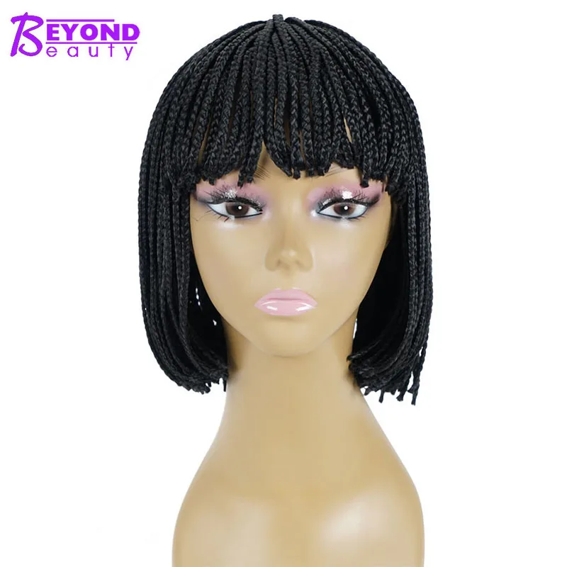 

12inch Synthetic Wig Short Braided Box Braid Wig For Women With Bangs Natural Black Pixie Braids Wig Heat Resistant Fiber