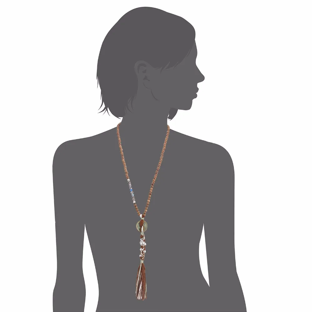 eManco Natural Ethnic Handmade Long Tassel Strand Necklaces & Pendants Women Wood Beads Coin Stone Ancient Bronze Plated Jewelry
