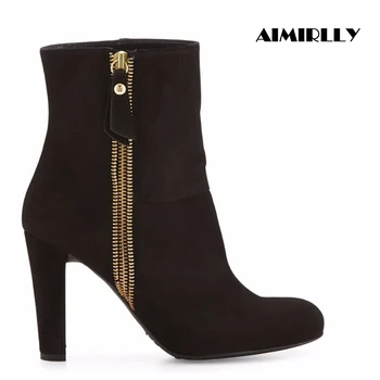 

Aimirlly Spring Autumn Women Round Toe Ankle Boots Side Zipper Square Heel Booties Shoes Black Custom boots Big Size US 15 16 17