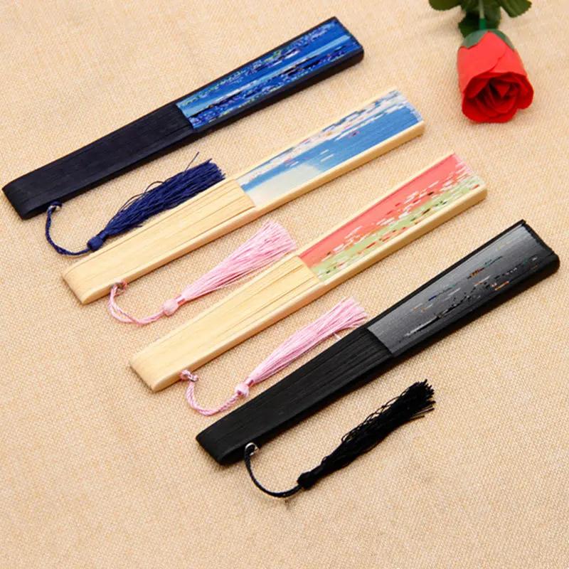 Бамбуковая классическая короткая ручка полировка цветочные печатные украшения дома Складной вентилятор с кисточкой