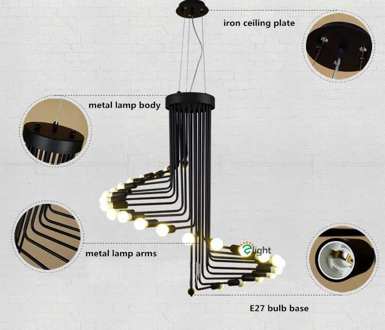 Post Современная окрашенная железная черная светодиодная спиральная люстра Американский Лофт промышленный блеск люстра освещение для ресторана