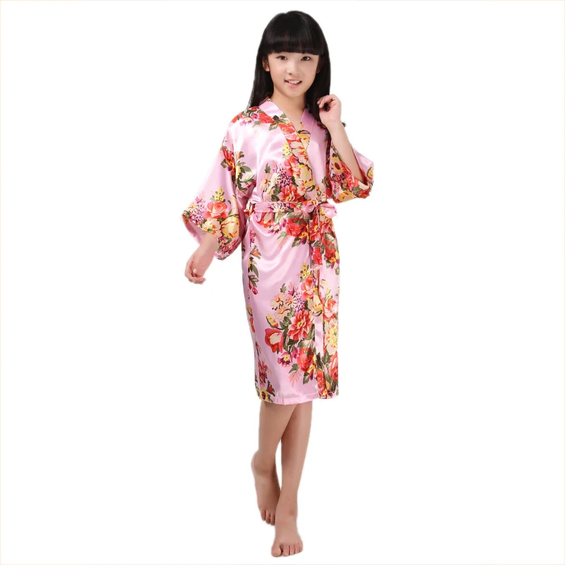 Новое поступление халаты для девочек пятностойкий шёлк кимоно банные халаты для детей; детская одежда для сна ночная рубашка с цветочным узором B24 - Цвет: pink