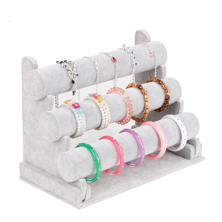

TONVIC High Quality Gray Ice Velvet Bangle Watch Bracelet Display Stand Holder T-Bar 3 Tiers