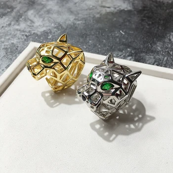 

Top Quality Hollow Green Eye 3D Leopard Ring Gold Color Micro Crystal Stone Bohemia Bossy Ring For Men Women Luxury Jewelry