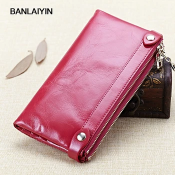 

Nice New Fashion Genuine Leather Wallet Double Zipper Women Wallets Oil Wax Cowhide Wallet Long Design Retro Clutch Female Purse