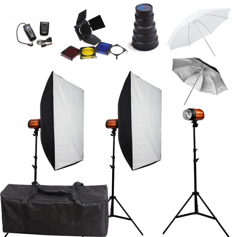 

Photo Studio Softbox Flash Lighting Kits 750ws Godox Flash+Stand+Lightbox+Umbrella+Barndoor+Snoot+Sync Trigger and Receiver Set