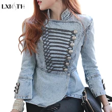 Lxmth Новая модная Потертая джинсовая куртка со стоячим воротником, приталенное пальто с высокой талией в английском стиле, женское однобортное пальто