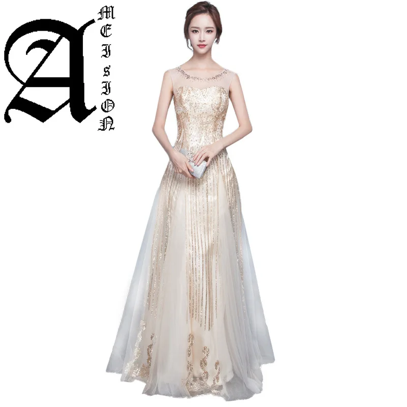 

2019 Shinning Sequins Sleeveless Illusion Elegant Celebrities Dresses O-neck Long-style Spring Sequins Evening Dress
