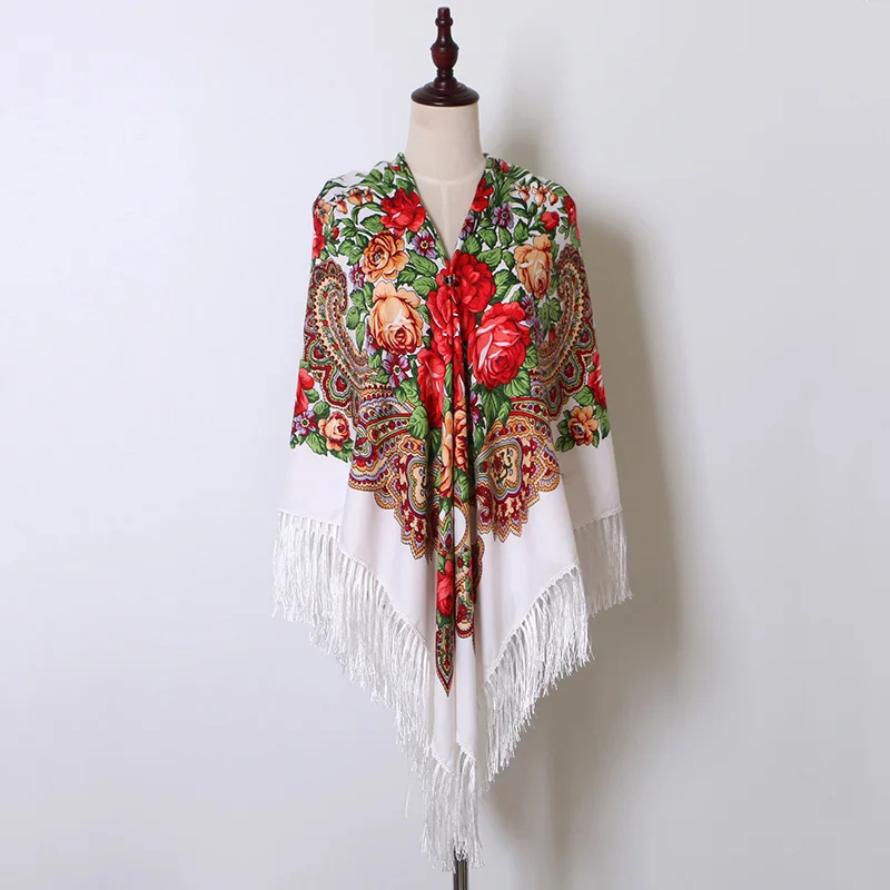 [FAITHINK] 160 см, большой размер, женский шарф-накидка с цветочным принтом, для путешествий в России, из хлопка, с кисточками, шаль, этнический квадратный пончо, хиджаб