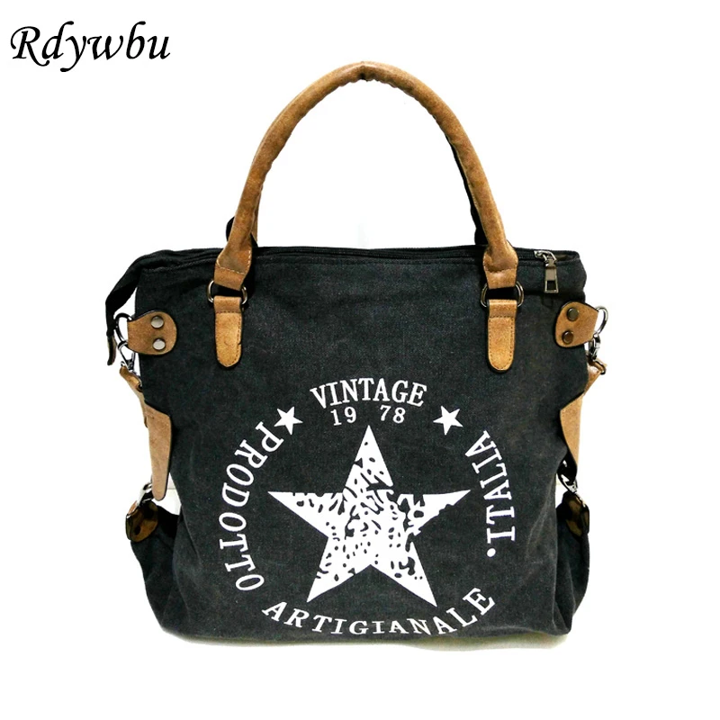 Rdywbu VINTAGE BIG STAR PRINTED CANVAS TOTE HANDBAG - Women's Multifunctional Travel Shoulder Bag Letters Messenger Bolsos B211