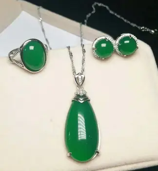 

Fine jewelryFine 925 Mosaic Natural 2 color Water Drop Chalcedony Pendant Ring Earrings Jewelry Suit free shipping with box