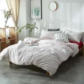 

Fresh bedroom set vintage style washed cotton fabric white plaid duvet cover bedding sets 3/4pcs bed linen red fitted sheet