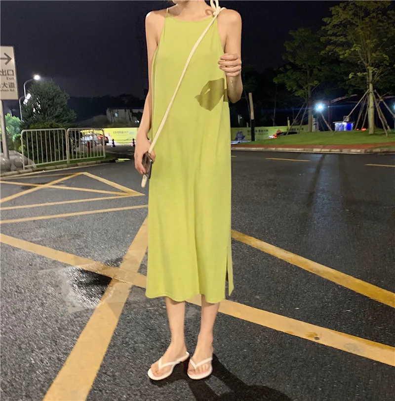 

2019 New Sexy Women's Solid Color Dress Summer Sling Maxi Long Dresses Loose Sundress Female Summer Sleeveless Dress