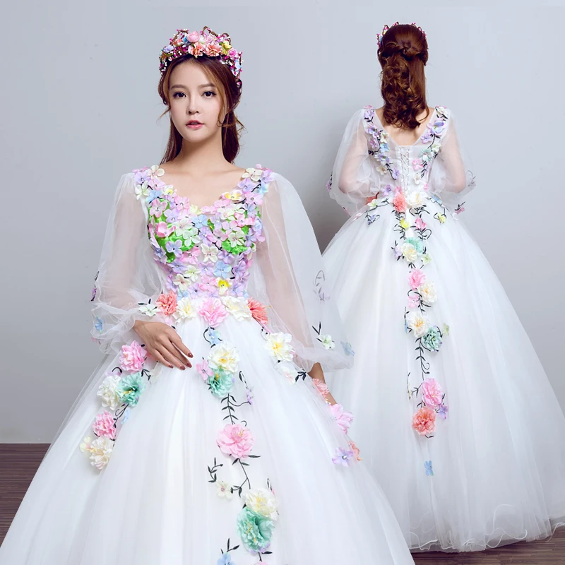 Trajes De Quinceaneras Новое Розовое Пышное Платье с v-образным вырезом и длинным рукавом, кружевное платье с цветочным рисунком размера плюс, кружевное платье на заказ для выпускного вечера