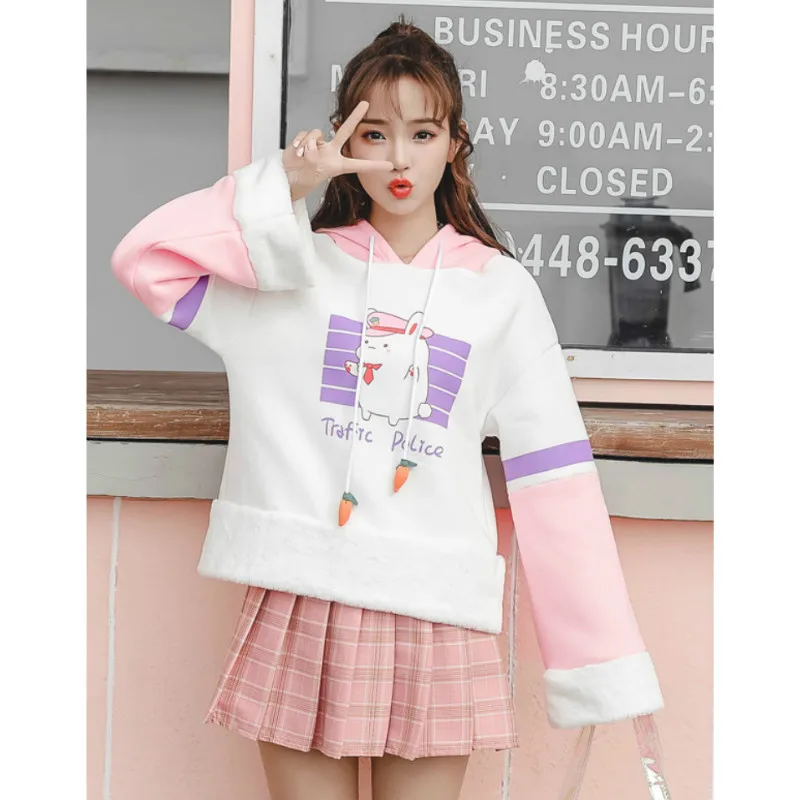 Merry Pretty Cartoon Prnted Hoodies Sweatshirt Women Thick Warm Kawaii Sweatshirts with rabbit ears