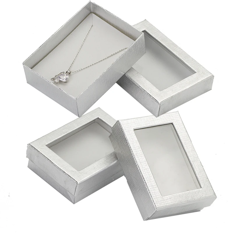 

Jewelry Box 7x9cm Silver Transparent Cover Jewelry Set Display Case Cardboard Packaging Necklace Earrings Ring Gift Boxes 24pcs