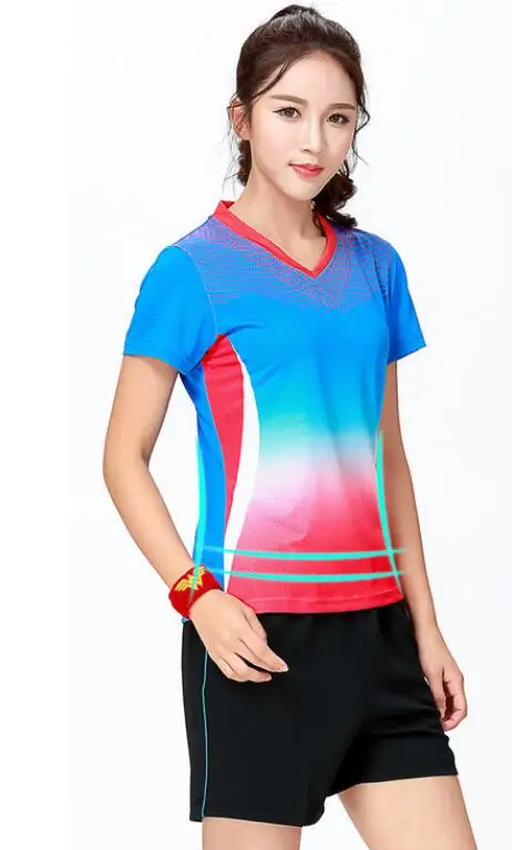 Женский мужской костюм из футболки и шорт, Мужская теннисная рубашка, женский спортивный костюм для пинг-понга, быстросохнущая теннисная футболка, комплект одежды для поезда - Цвет: women blue one set