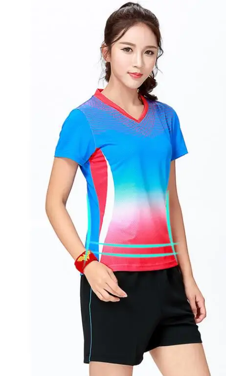 women blue one set Женский мужской костюм из футболки и шорт, Мужская теннисная рубашка, женский спортивный костюм для пинг-понга, быстросохнущая теннисная футболка, комплект одежды для поезда - Цвет: women blue one set
