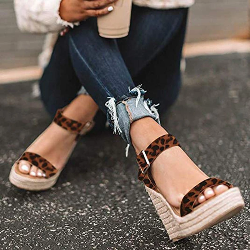 

2019 Leopard Sexy Summer Platform Shoes Wedges Sandals High Heel Fashion Open Toe Elevator Women Sandals Shoes Plus Size Pumps