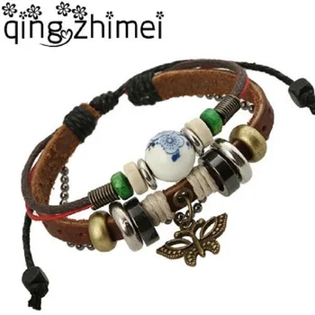 

Pulseras mujer Ethnic Brown Leather Adjustable Women Butterfly Bracelets Wrap Alloy Beads Chain Vintage Bracelet Insect Jewelry
