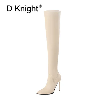 

Women Thigh High Boots Autumn Slip On Long Motorcycle Boots Pointed Toe Thin Heels Over-the-Knee Boots Black Beige Shoes Woman