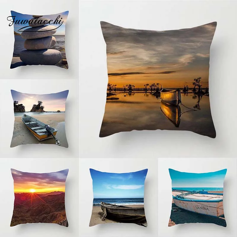 

Fuwatacchi Beach Scenic Cushion Cover Sailing Sunset Printed Pillow Cover Turtle Canyon Pillowcases For Sofa Decorative