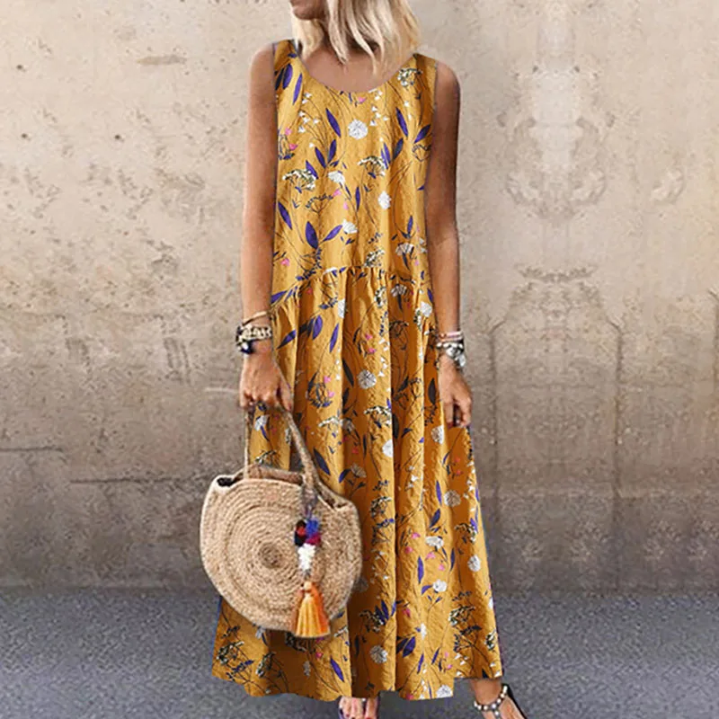

Plus Size Floral Print Maxi Long Dress Women Off Shoulder Causal Beach Boho Dresses Sleeveless Holiday Party Sundress Vestidos