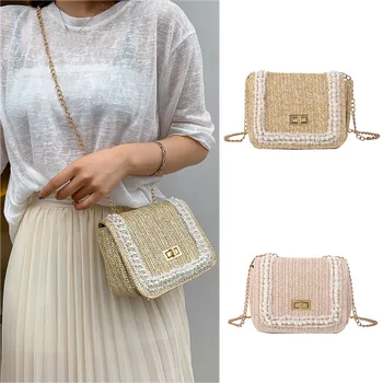 

New Women Summer Bag 2019 Hand-held Wild Straw Bag sac de plage Fashion Chain Shoulder Small Square Crossbody Bag bolso paja #C6