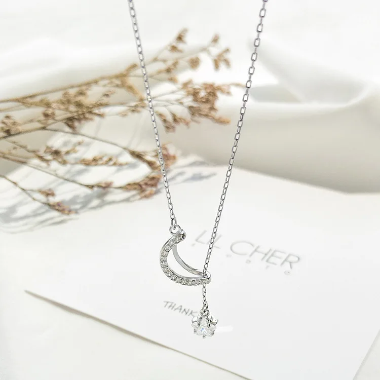 moon star cz necklace women 100% 925 Sterling silver nacklace Jewellery Clavicle chain pendant charms girl gift