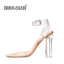 2018 Newest Women Pumps Celebrity Wearing Simple Style PVC Clear Transparent Strappy Buckle Sandals High Heels