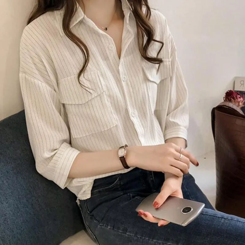 Brand 2019 Korean Blouse Women Blouses And Shirts Casual Elegant Pockets Turn Down Collar Shirt Ladies Tops Female Clothing