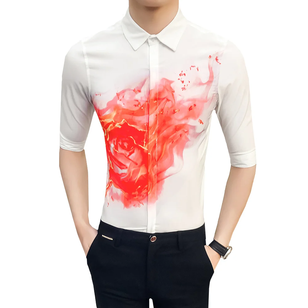 

Hot White Black Shirt Men Summer Half Sleeve Slim Fit Flame Print Tuxedo Shirt Designer Casual Plus Size Business Work Shirts