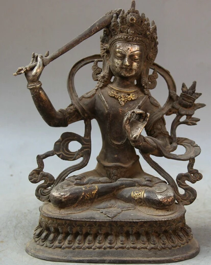 

xd 002998 9" Tibet Bronze Silver Gild Seat Wenshu Manjushri Goddess Boddhisattva Statue