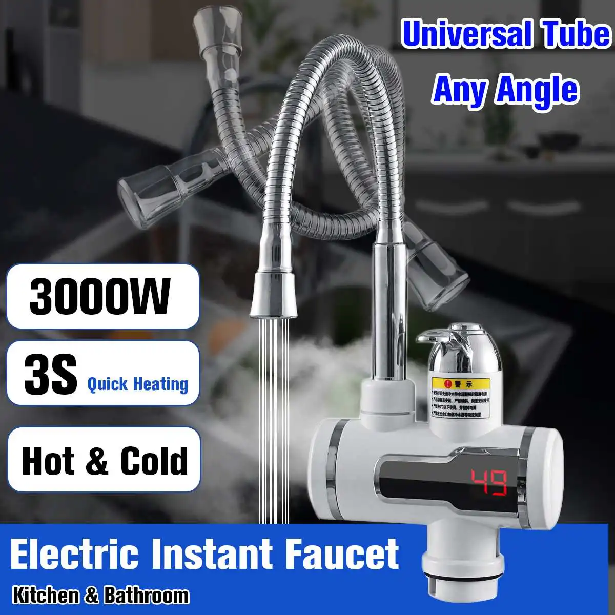 

220V 3000W Electric Hot Faucet Water Heater Electric Tankless Water Heating Kitchen Faucet Digital Display Instant Water Tap