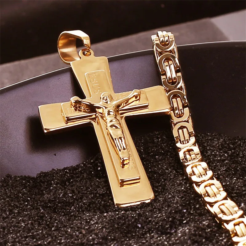 Ожерелье с подвеской в виде Креста Иисуса для мужчин, золотая цепочка из нержавеющей стали, старинное византийское ожерелье Empire, мужские ювелирные изделия - Окраска металла: N00319