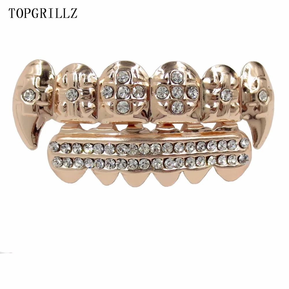 TOPGRILLZ Настоящее розовое золото цвет покрытием ICED OUT CZ зубы GRILLZ крест сверху и снизу зуб шапки Хип Хоп Bling Золотые грили