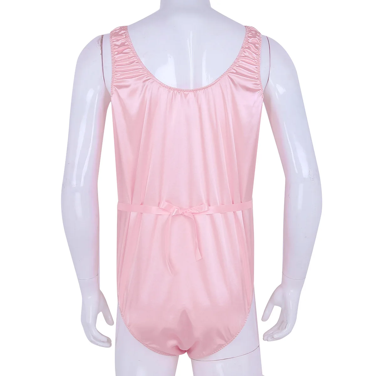 Male Mens One-Piece Shiny Satin Sissy Lingerie Sleeveless Open Sheath Bodysuit Nightwear Sleepwear Erotic Teddies