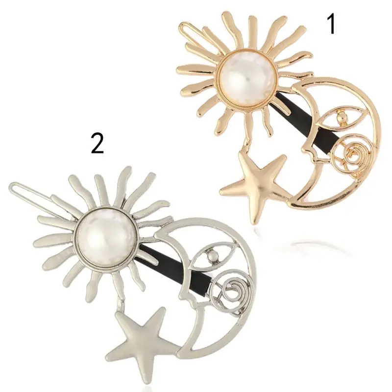 Милый мультфильм звезда Луна солнце заколки Бобби Женщины Девушки полированный Гладкий Металлический Зажим Для Волос имитация жемчуга Этническая сторона челки шпильки