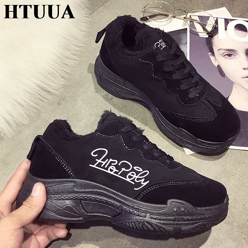 

HTUUA New Casual Winter Shoes Women Warm Plush Cotton Shoes Comfortable Platform Sneakers Woman Trainers Flat Baskets SX1884