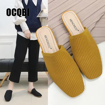 

2019 Brand Mules Elastic Cloth Round Toe Flats Heels Elastic Band Casual Shoes Women Yellow Black Slip On Slides