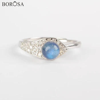 

BOROSA Jewelry 3/5PCS Real 92.5% Silver Color Round Natural Labradorite Ring with CZ Micro Paved Size 6~7 Adjustable Ring WX1165