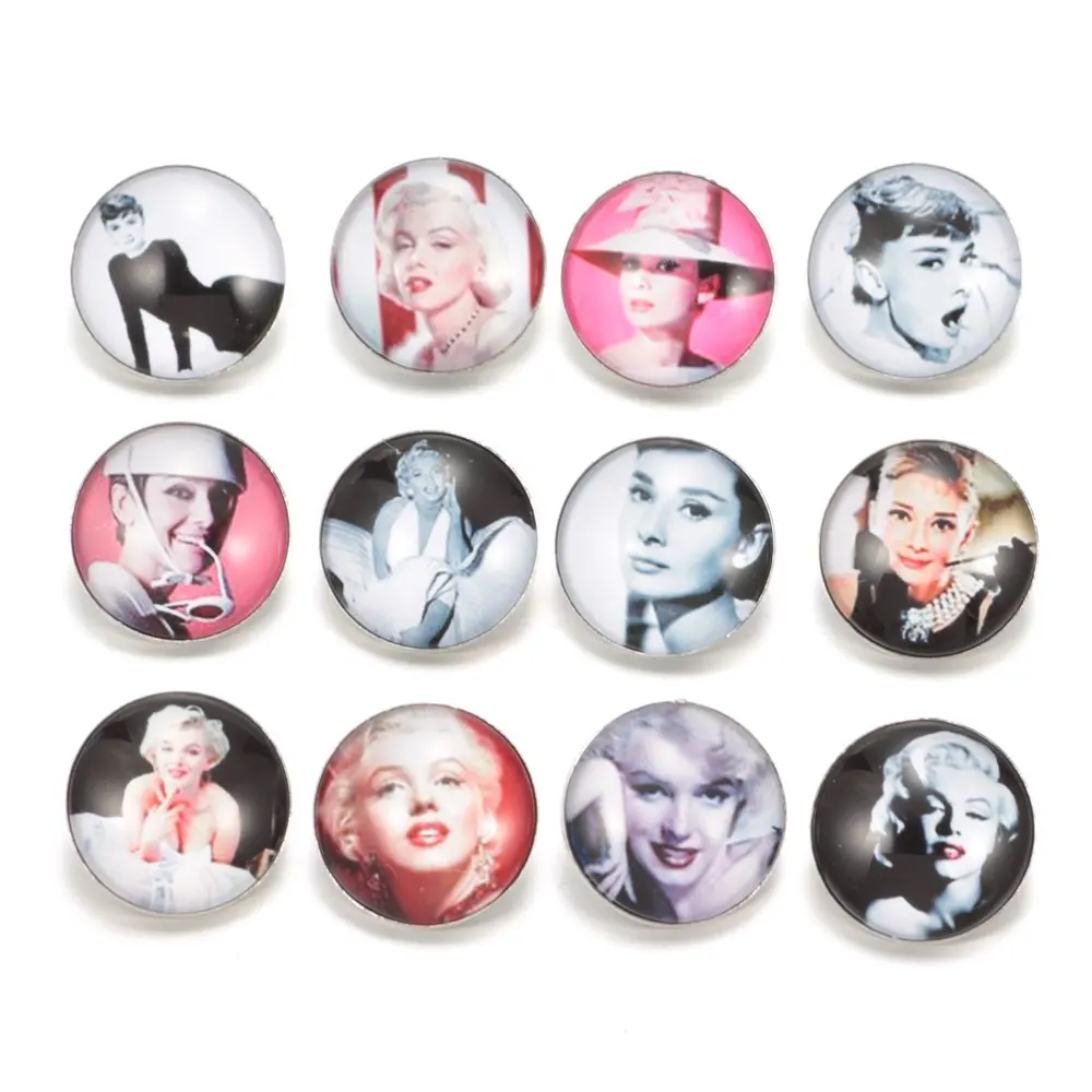 

12pcs/lot Star Hollywood Film Star Pattern Charms 18mm Glass Snap Button For DIY Bracelet Snaps Jewelry KZ0320