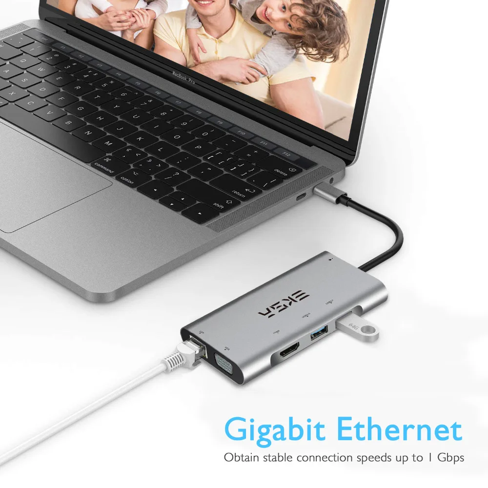 EKSA концентратор USB Type C к HDMI/RJ45 Gigabit Ethernet/VGA/кард-ридер/Thunderbolt 3 адаптер для Macbook huawei P20 Pro USB 3,0 концентратор