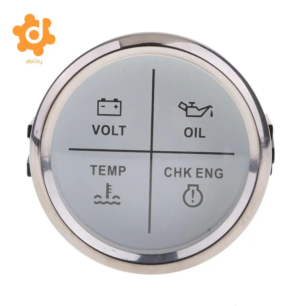 

2" 52mm 4 LED Alarm Gauge VOLT OIL TEMP CHK ENG Indicator White Chrome